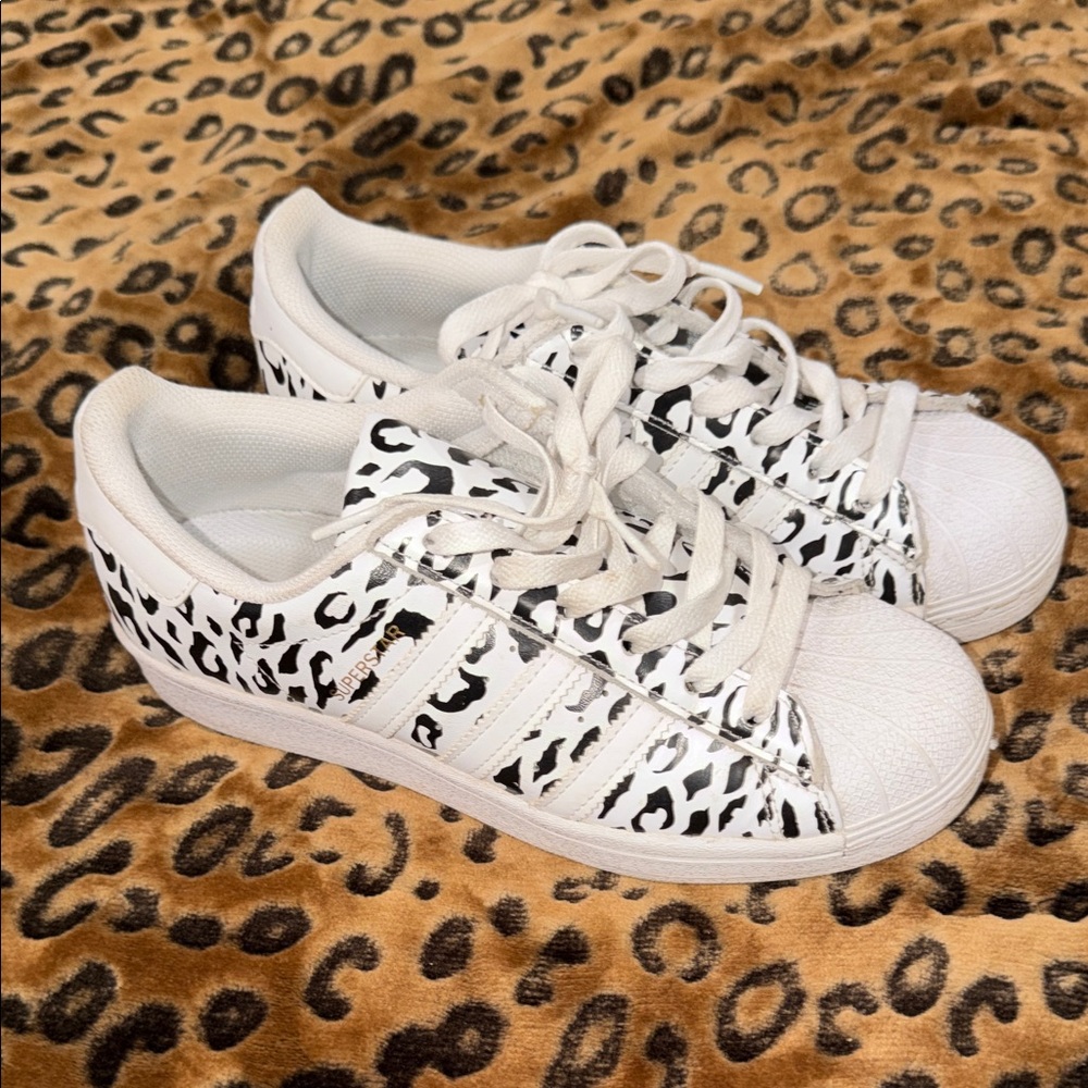 Adidas White Sneakers with Black Leopard Print